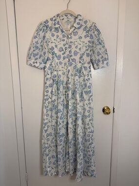 Julia India Amory JA Shirt Spring White Blue Floral Maxi Button Down Dress Small